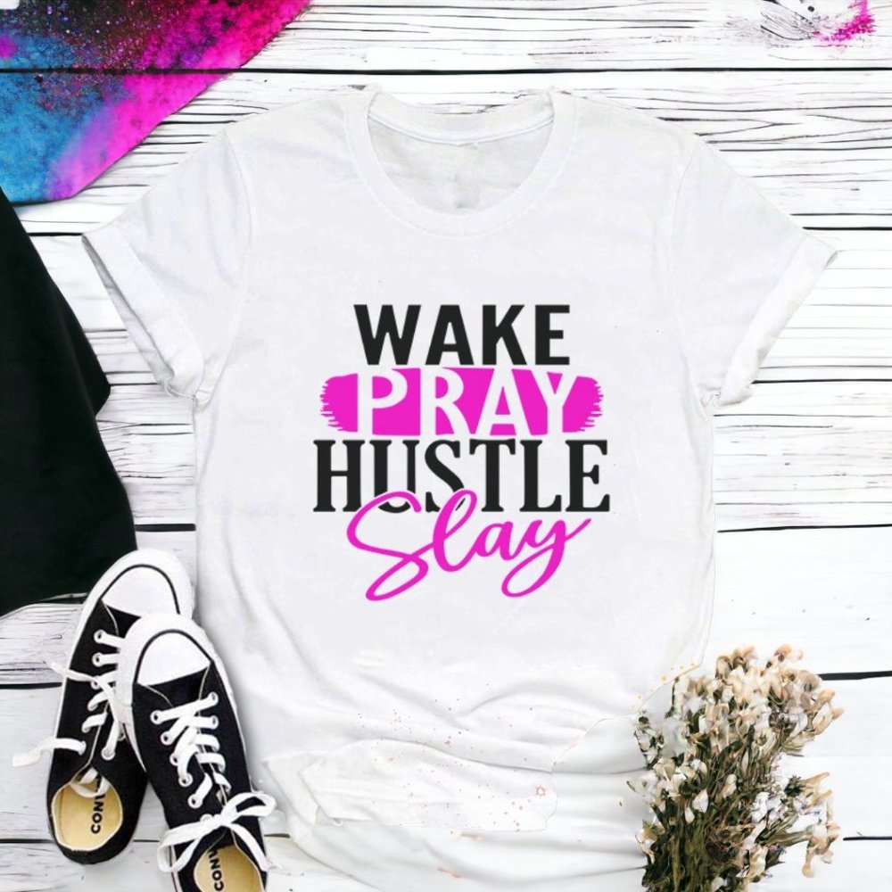 Wake Pray Hustle SLAY Short Sleeve Tee - White Sz M - 3XL